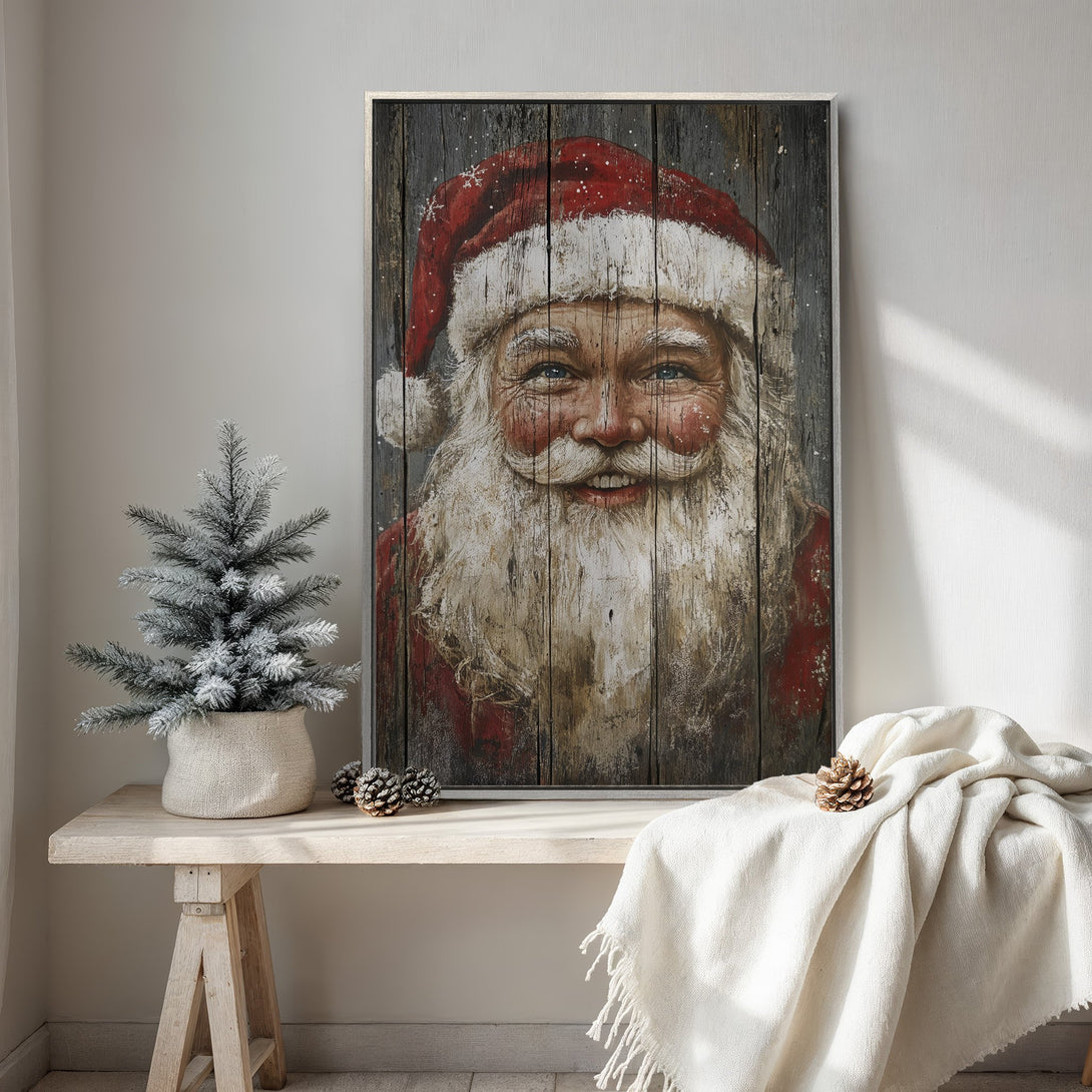 Framed Wall Art: Rustic Santa Claus portrait with a red and white color palette. Perfect Christmas decor for a cozy interior.
