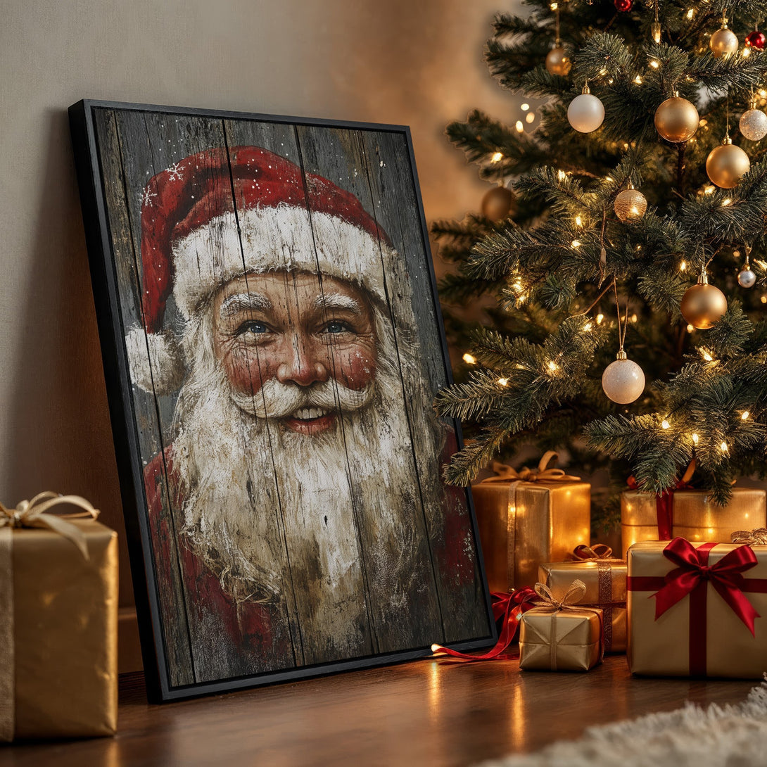 Framed Wall Art featuring Santa Claus portrait in rustic style, with a warm color palette. Perfect Christmas decor for any home.