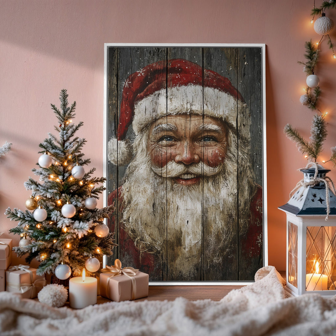Framed Wall Art: Rustic Santa Claus portrait. Warm red, white, and wood tones create a cozy Christmas vibe. Perfect holiday decor!