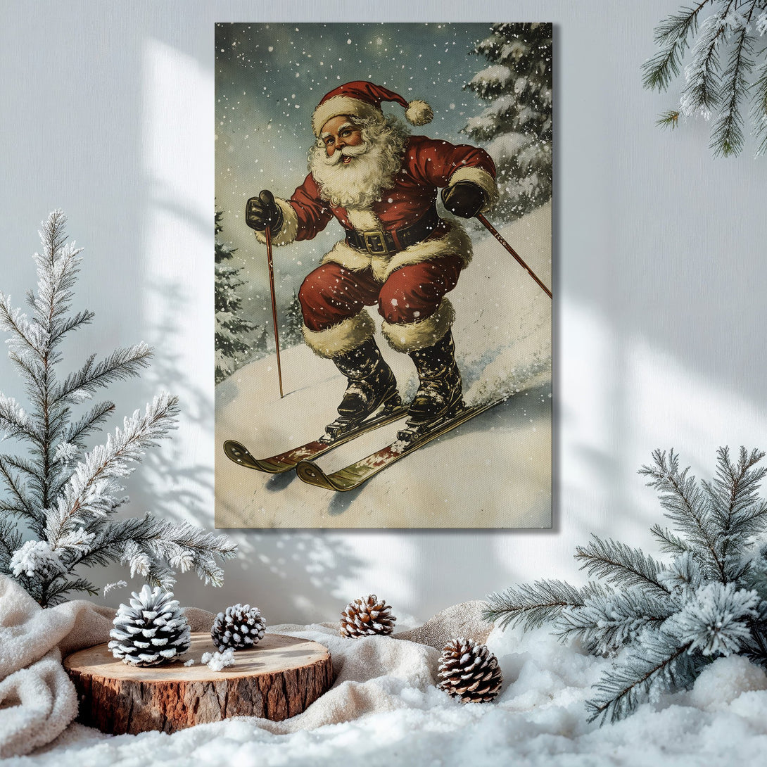 Framed Wall Art: Vintage Santa skiing in a snowy scene. Classic style, rich red and green tones. Perfect Christmas decor!