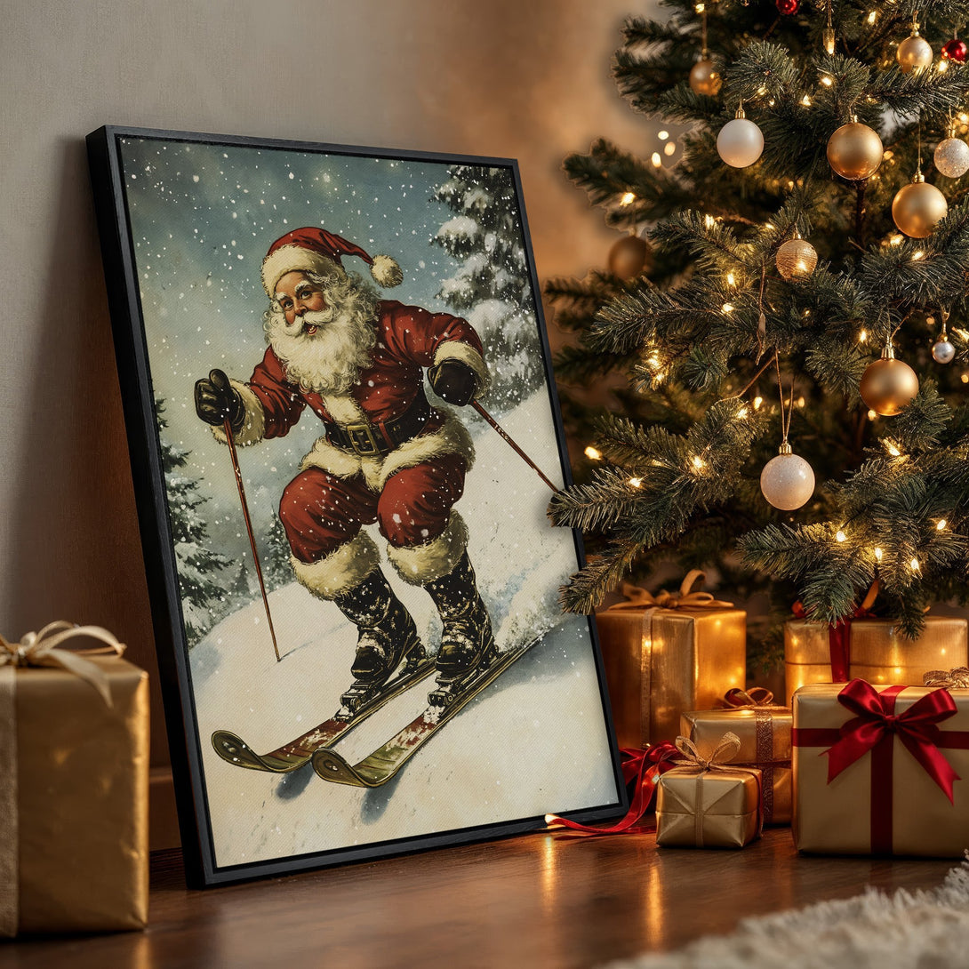 Framed Wall Art featuring Santa skiing in a vintage style, with a warm red and gold color palette. Perfect Christmas decor!