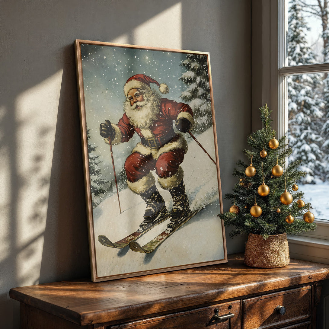 Framed Wall Art featuring a vintage Santa Claus skiing in a snowy forest, with a warm red and white color palette. Perfect Christmas decor!