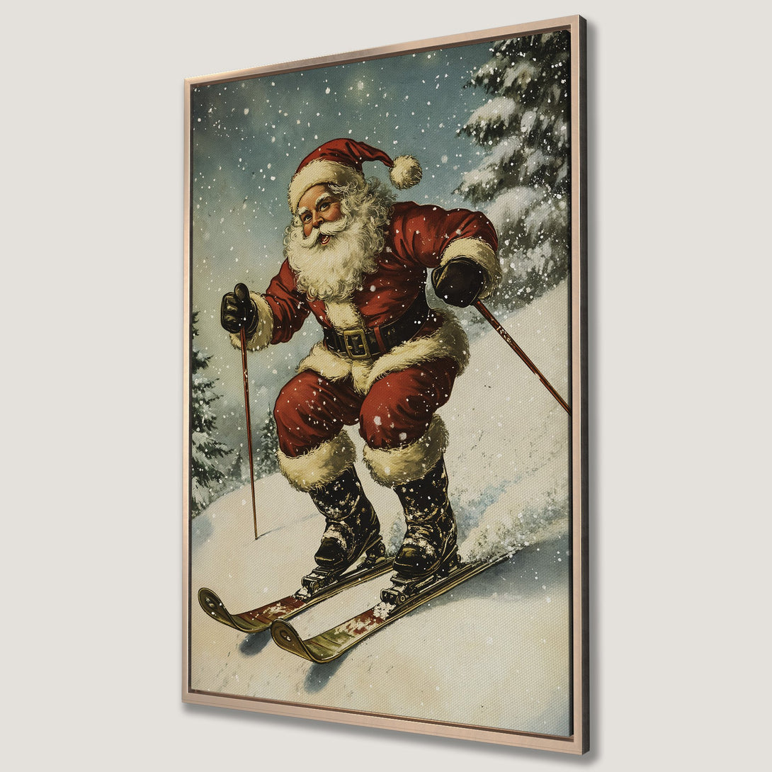 Framed Wall Art: Vintage Santa skiing down a snowy hill. Festive holiday decor in red, white, and green tones. Perfect Christmas gift!