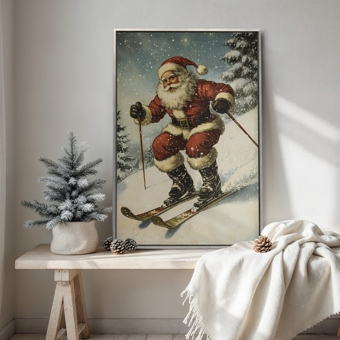 Framed Wall Art: Vintage Santa skiing in a snowy scene. Classic Christmas decor with red, white, and neutral tones. Perfect for holiday home accents.