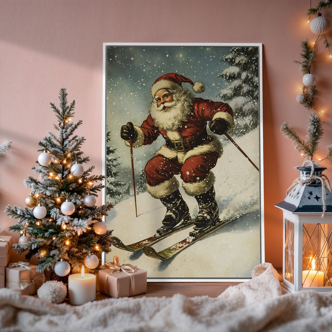 Framed Wall Art: Vintage Santa skiing in a snowy scene. Festive red, white, and green color palette. Perfect Christmas decor for a cozy holiday vibe.