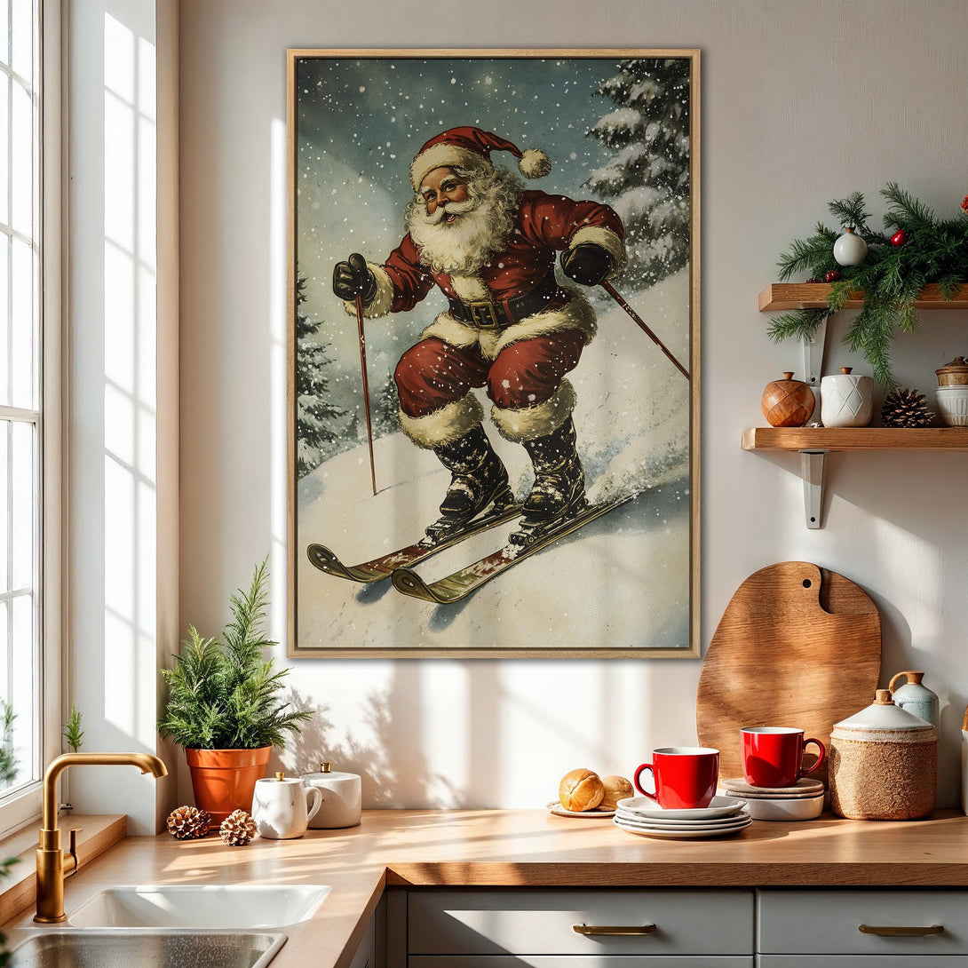 Framed Wall Art: Vintage Santa Claus skiing in a snowy scene. Festive red and white color palette, perfect for Christmas decor. Add holiday cheer!