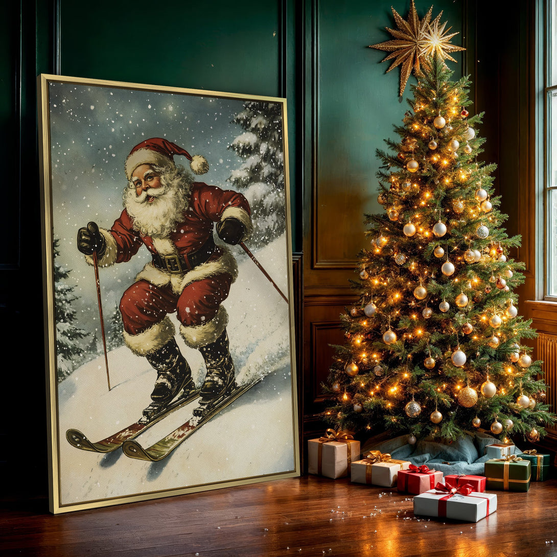 Canvas Print of Santa skiing in a vintage style, featuring a red and white color palette, perfect Christmas wall art.
