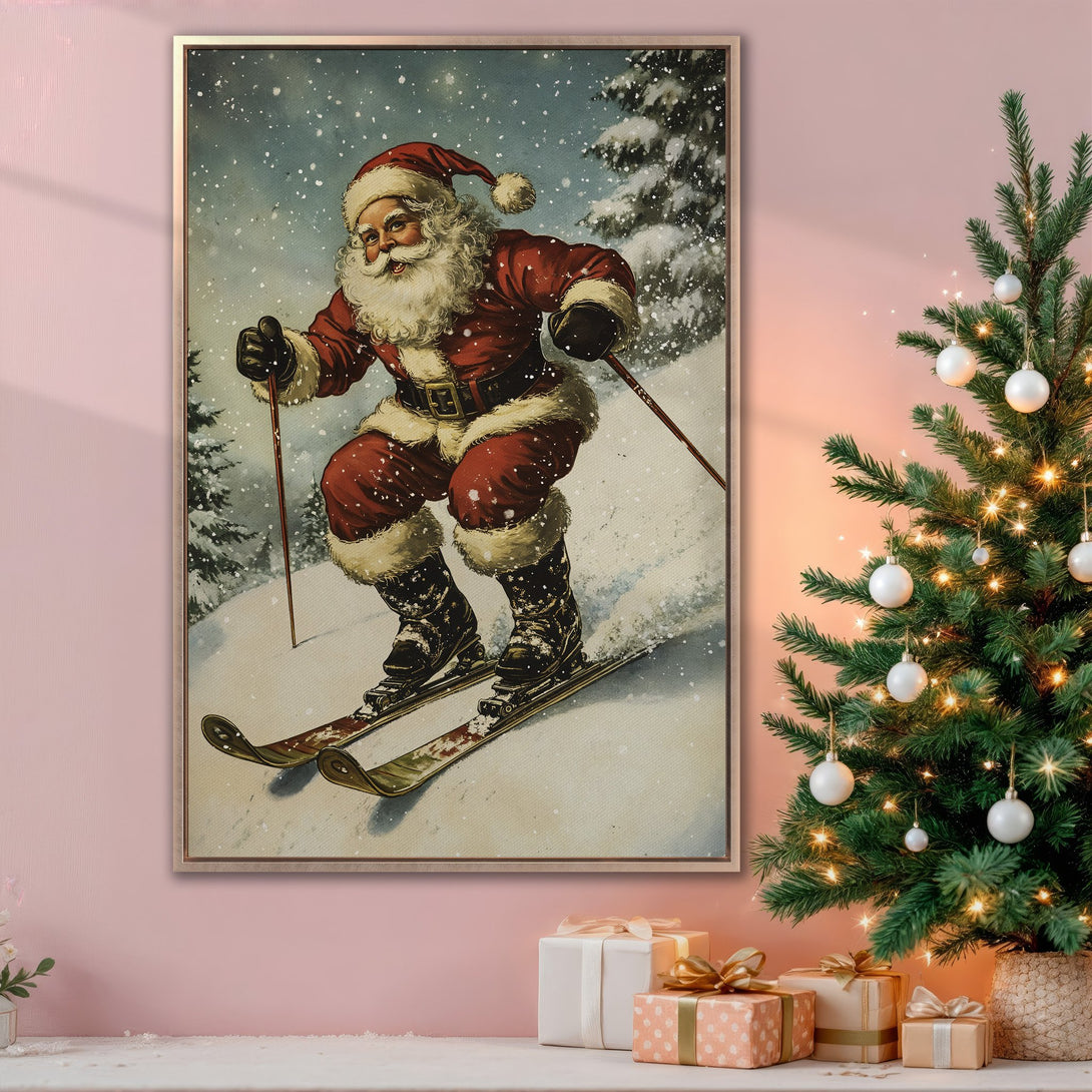 Framed Wall Art featuring Santa skiing in a vintage style. Festive red, white, and green color palette perfect for Christmas decor. Add holiday cheer to your home!