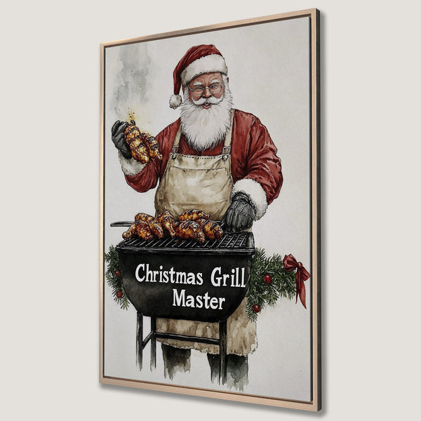 Framed Wall Art: Santa grilling BBQ, watercolor style. Festive red, white, and brown color palette. Perfect Christmas decor for the grill master!