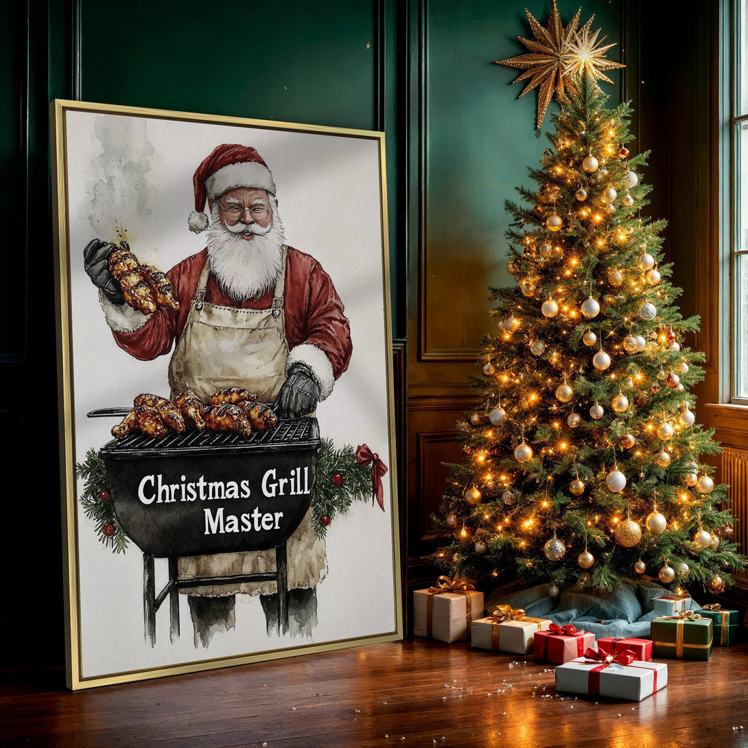 Canvas Print featuring Santa grilling, watercolor style, festive red and neutral tones. Perfect Christmas wall art!