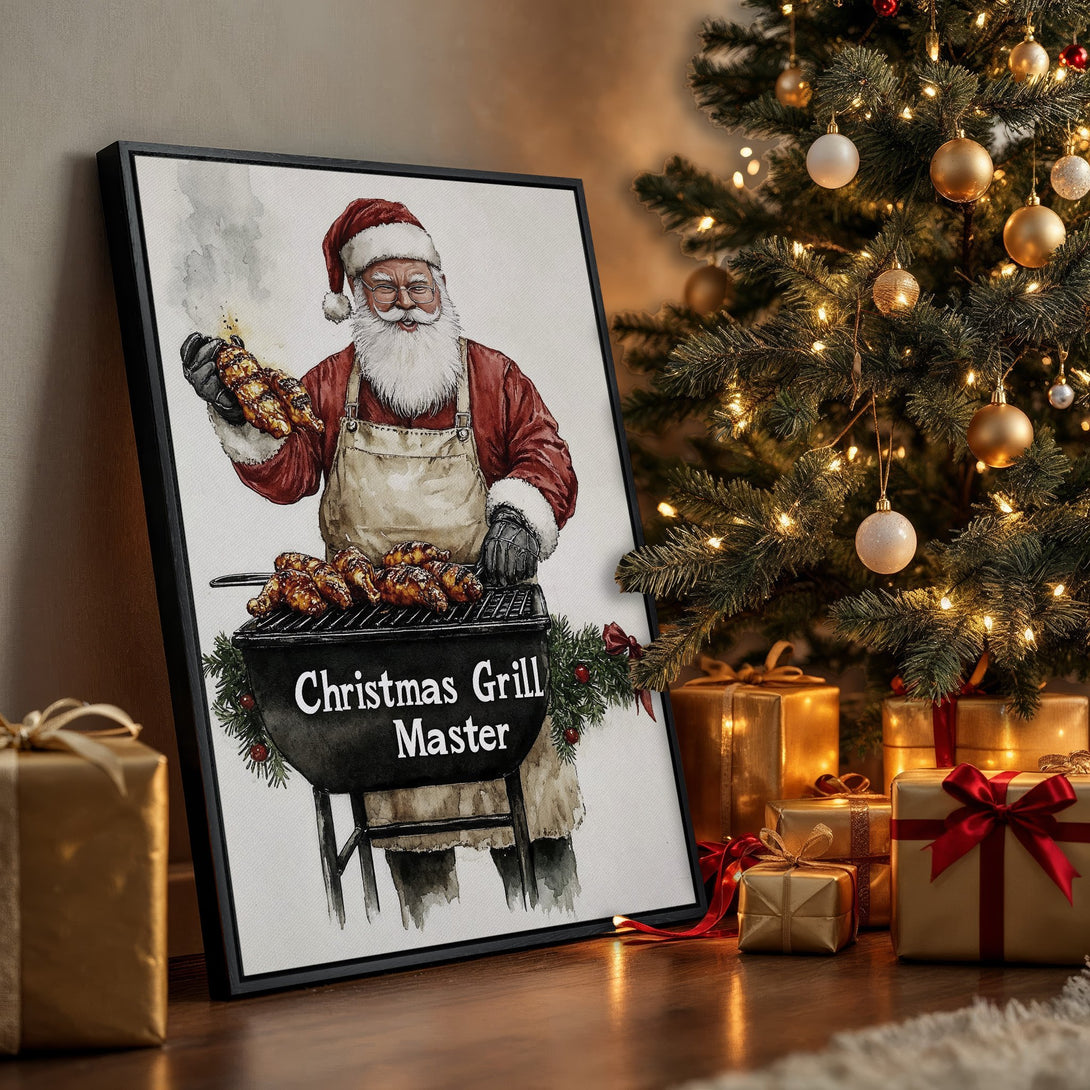 Framed Wall Art: Watercolor Santa grilling, Christmas decor in warm tones. Festive print for holiday gifting.
