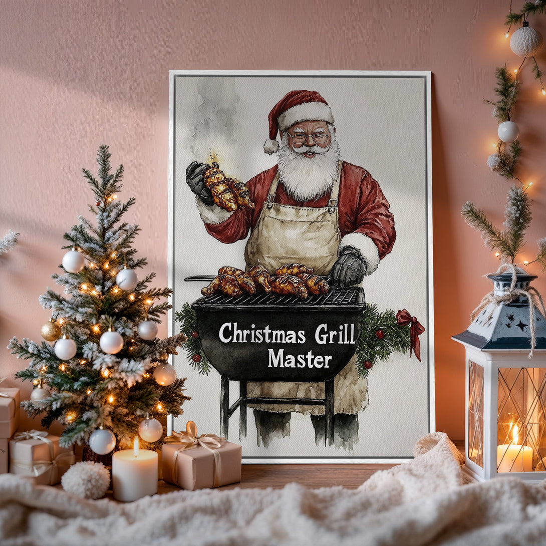 Framed Wall Art: Santa grilling! Festive watercolor Canvas Print in red & neutral tones. Perfect Christmas decor for your kitchen or dining room.