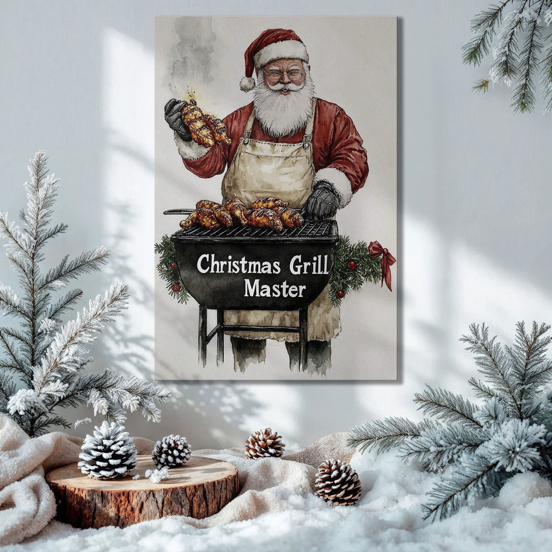 Framed Wall Art: Santa grilling! Watercolor style Canvas Print in a festive interior with a Christmas tree. Warm color palette, perfect holiday decor.