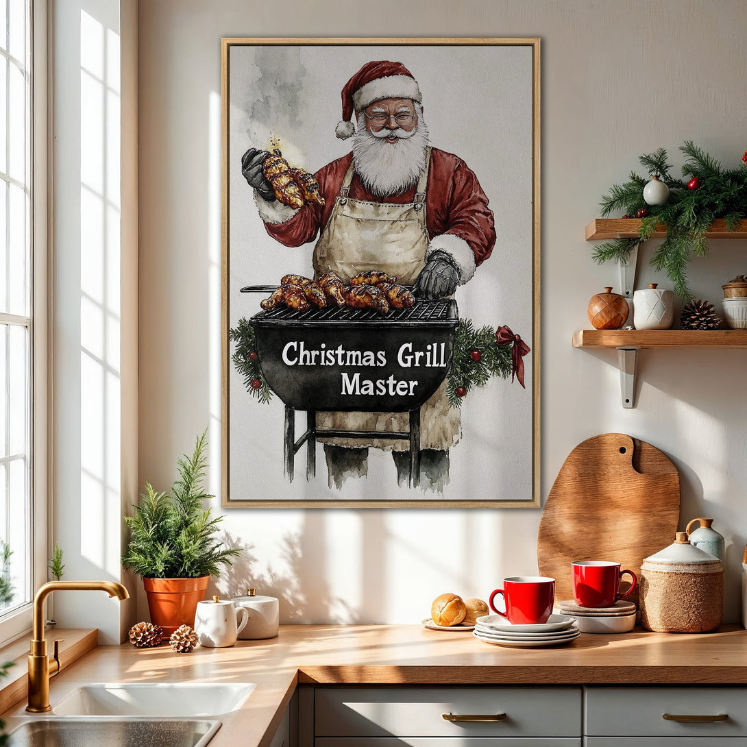 Framed Wall Art: Santa grilling! Watercolor style Canvas Print with a festive scene in red, white, and black. Perfect for Christmas kitchen decor.