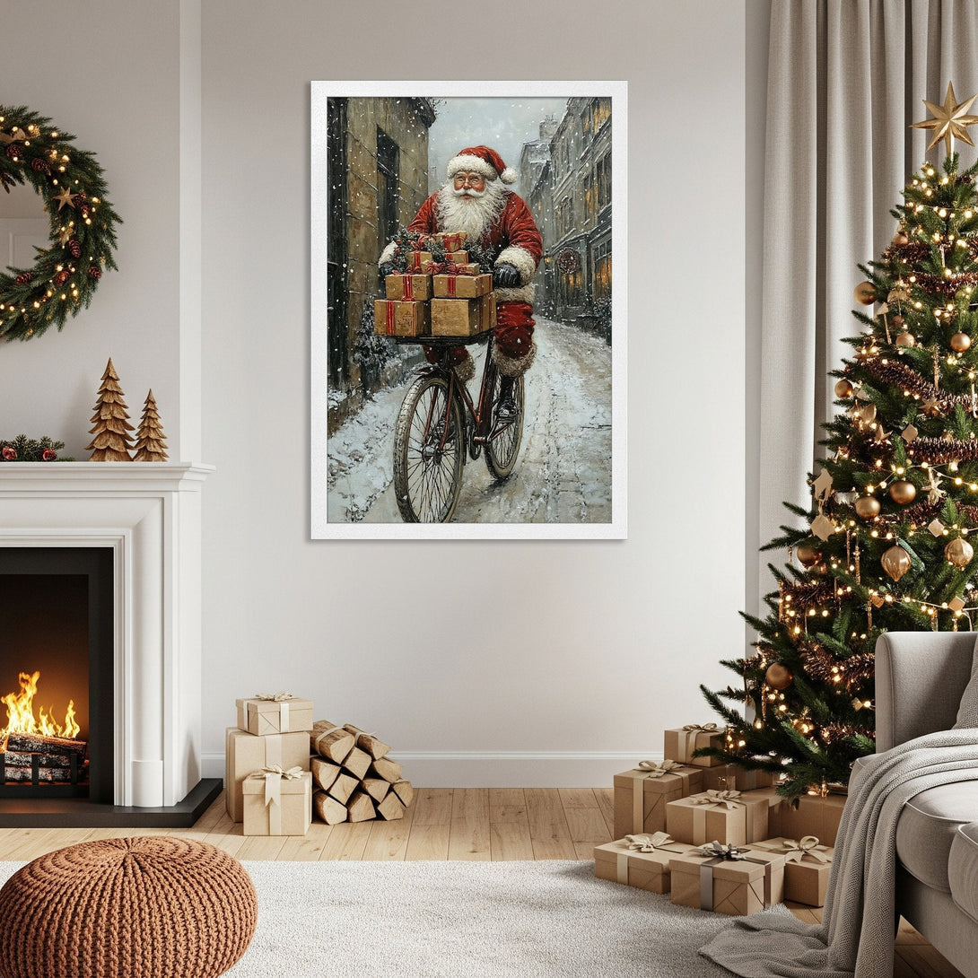 Framed Poster featuring Santa Claus on a bicycle, vintage style, with a red, white, and brown color palette. Perfect Christmas decor!