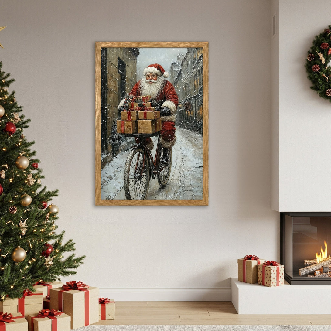 Framed Poster featuring Santa Claus on a bicycle, delivering gifts. Vintage style, warm red and neutral color palette, perfect for Christmas decor.