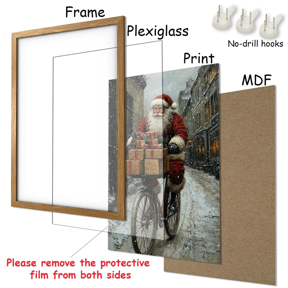 Framed Poster featuring Santa Claus on a bicycle in a snowy scene, painted in a classic style with a warm, winter color palette.