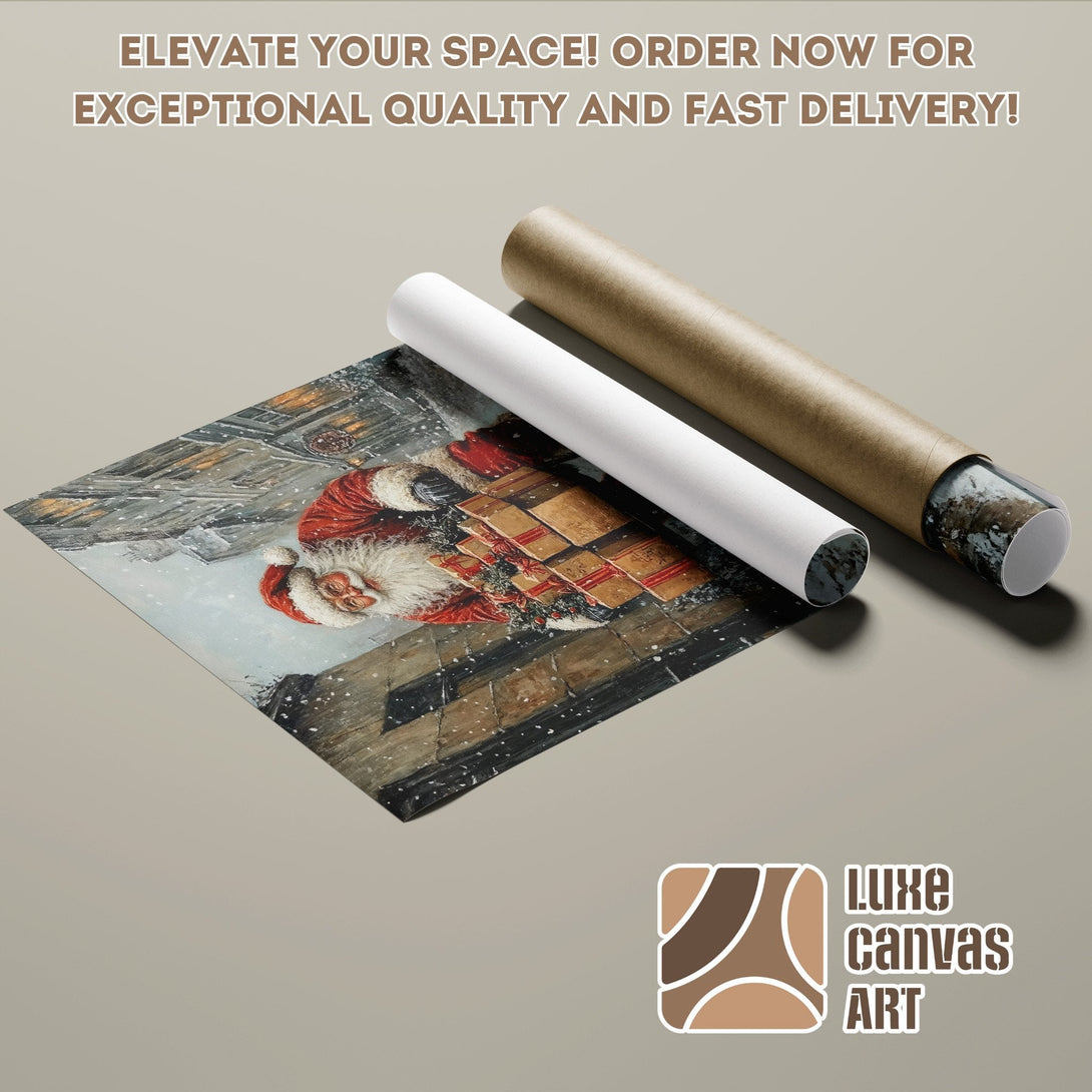 Santa Claus Poster Roll, winter scene art, warm color palette, perfect holiday decor.
