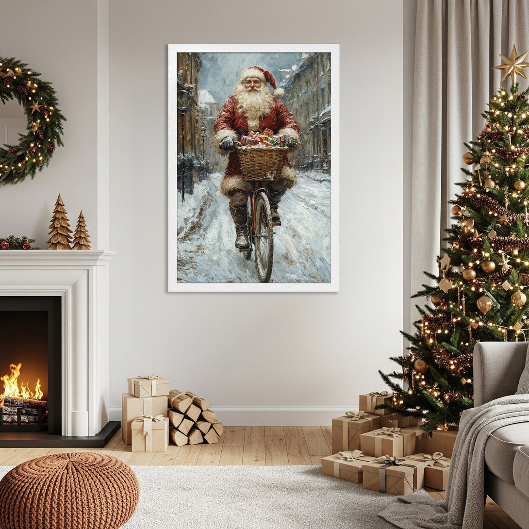 Framed Poster: Santa Claus on a bike, winter scene, warm red and cool blue palette, perfect Christmas decor.