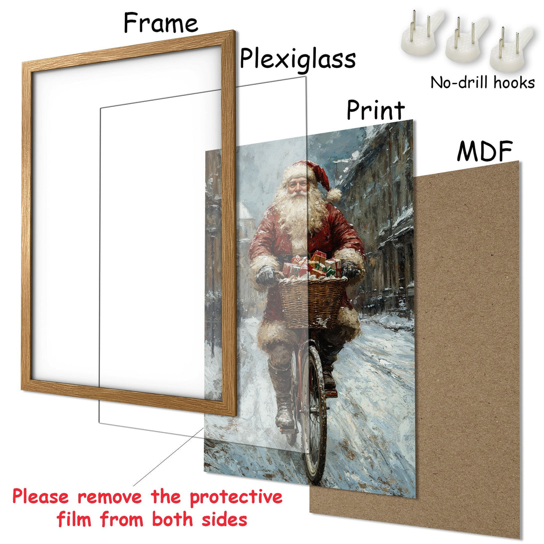 Framed Poster featuring Santa Claus on a bicycle in a winter scene. Warm, festive color palette. Perfect holiday decor!