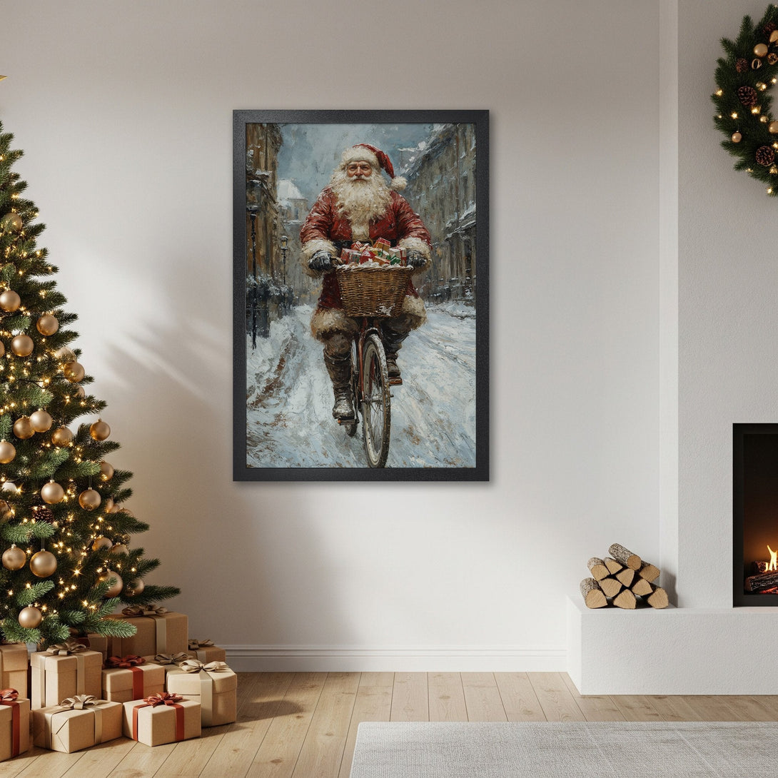 Framed Poster featuring Santa Claus on a bicycle, vintage style, with a festive red and white color palette, perfect for Christmas decor.