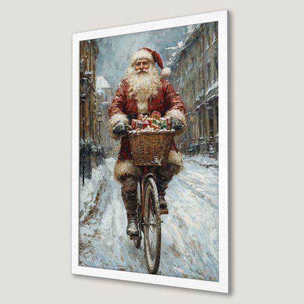 Framed Poster featuring Santa Claus on a bicycle, snowy scene. Oil painting style, warm red & cool blue color palette. Festive wall art.