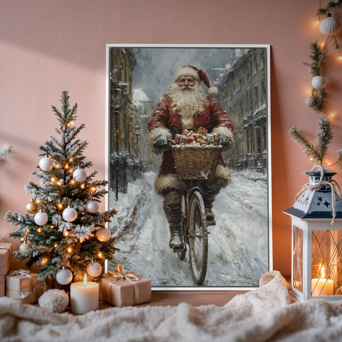 Framed Wall Art: Santa Claus on a bicycle, vintage painting style. Festive red, white, and blue color palette. Perfect Christmas decor!