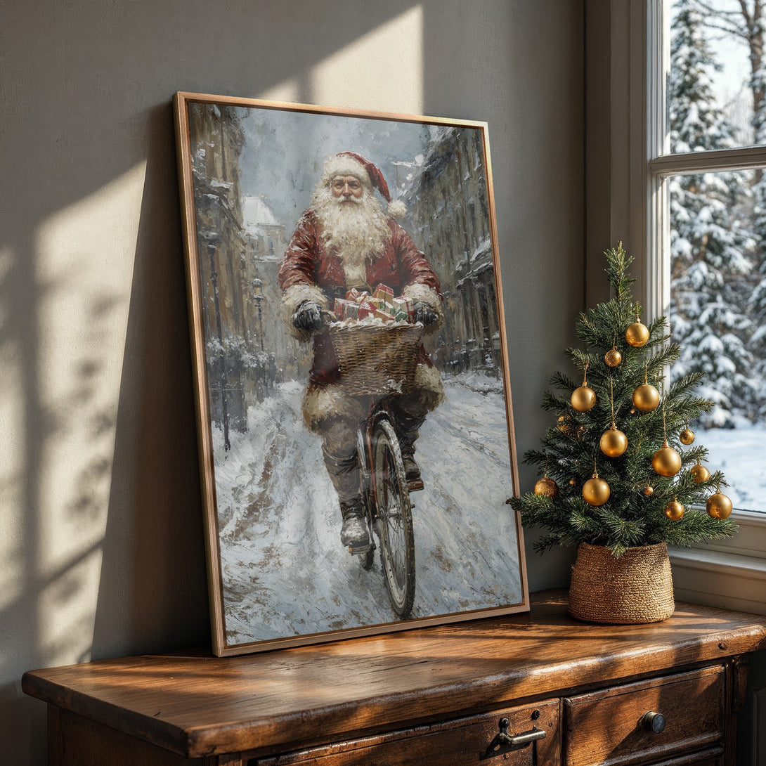 Framed Wall Art: Vintage Santa Claus on a bike in a snowy street. Classic painting style with a warm, festive color palette. Perfect Christmas decor!
