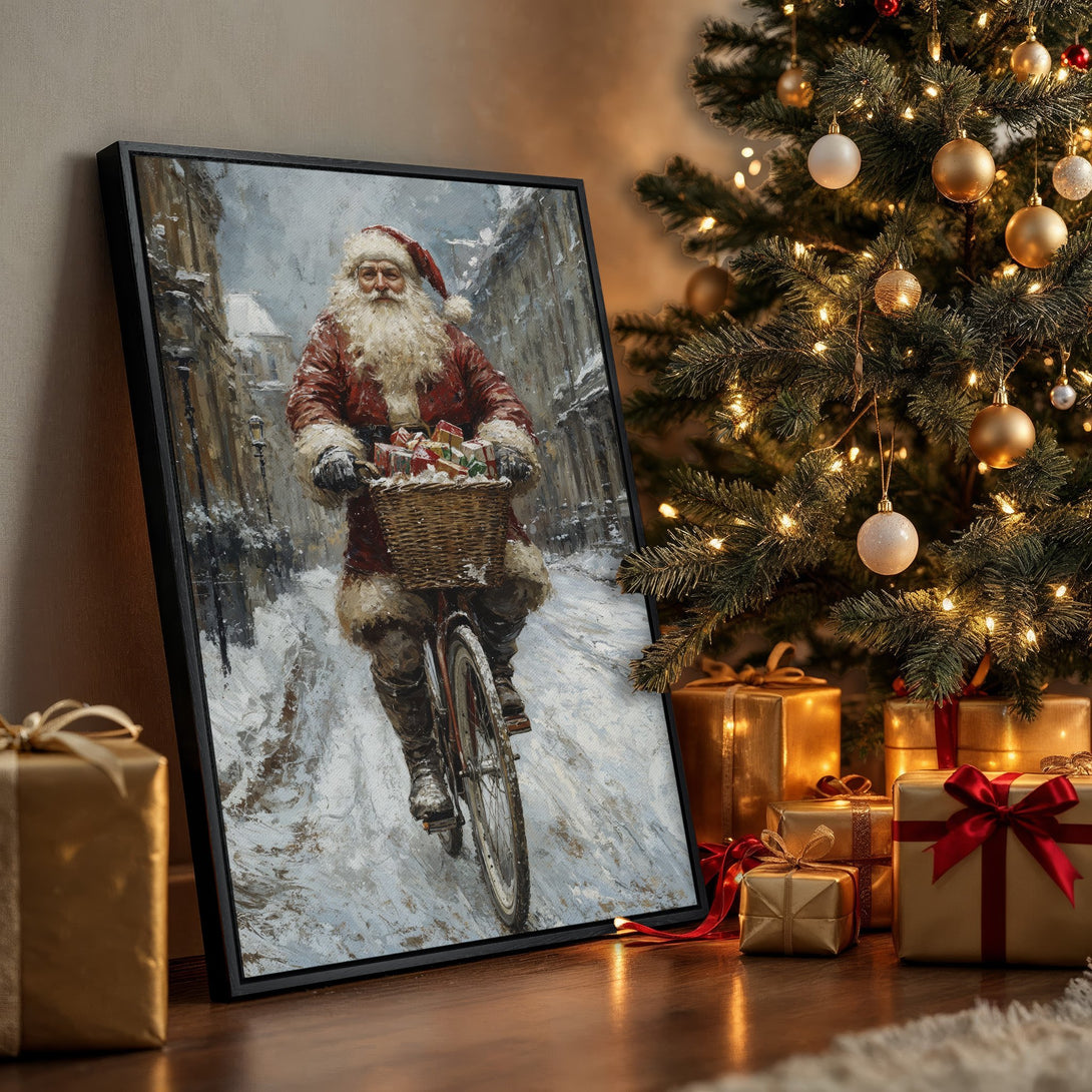 Framed Wall Art: Santa Claus on a bicycle, vintage style painting with a warm, festive color palette. Perfect Christmas home decor!