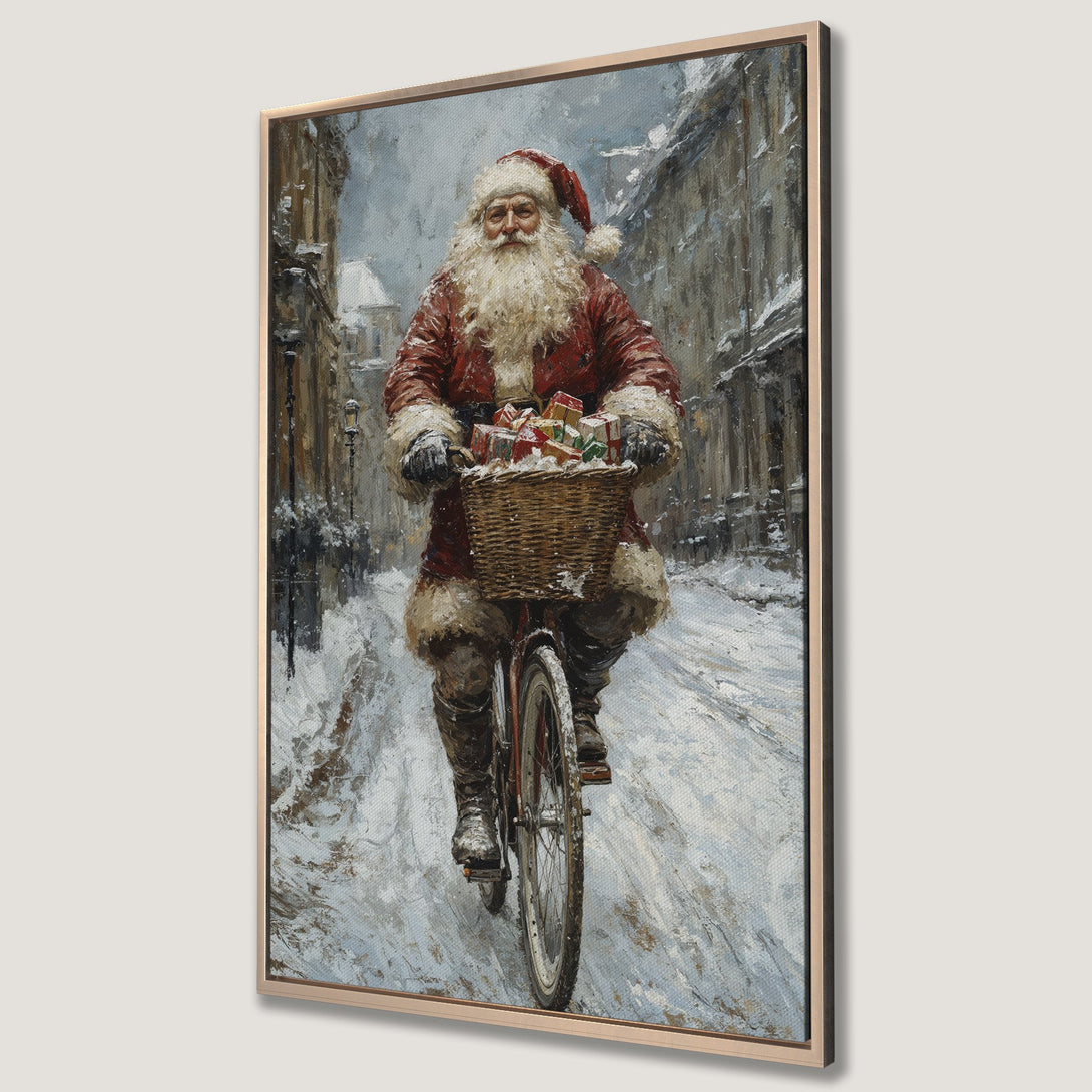 Framed Wall Art: Santa Claus on a bicycle with gifts, painted in a classic style with a red and white color palette, perfect for Christmas decor.