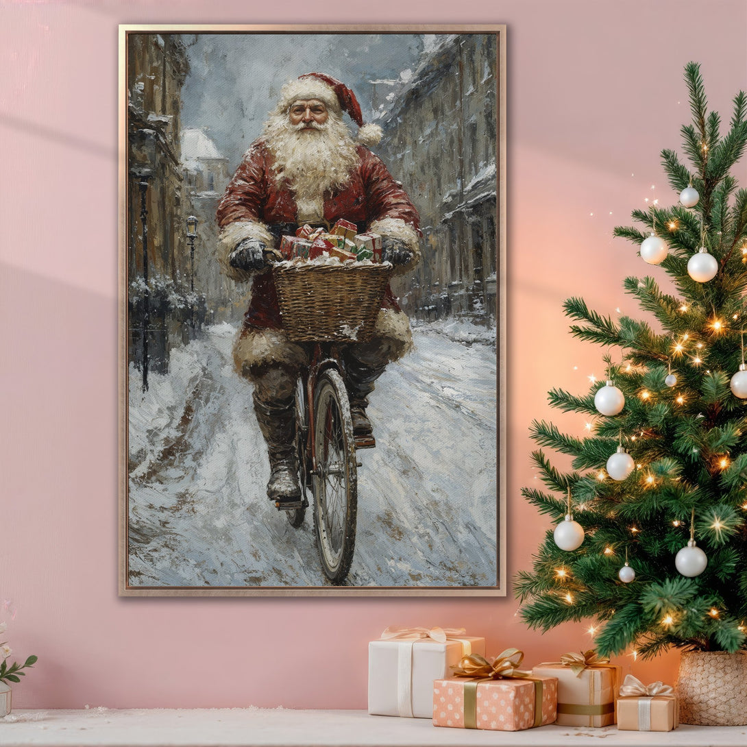 Framed Wall Art: Santa Claus on a bicycle in a snowy street, painted in a classic style. Features a warm, wintery color palette with reds, browns, and blues.