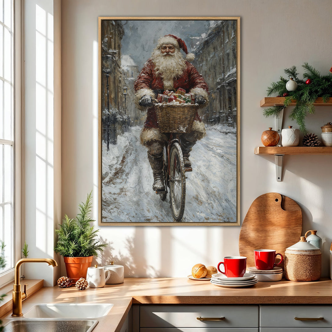Framed Wall Art: Santa Claus on a bicycle, vintage style, winter scene with red and neutral tones. Perfect Christmas decor.