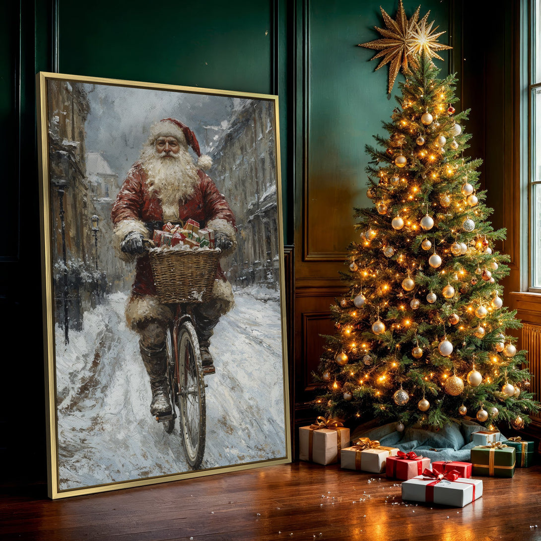 Canvas Print of Santa Claus riding a bike in a snowy scene, vintage style with a warm red and cool blue color palette. Perfect Christmas decor!