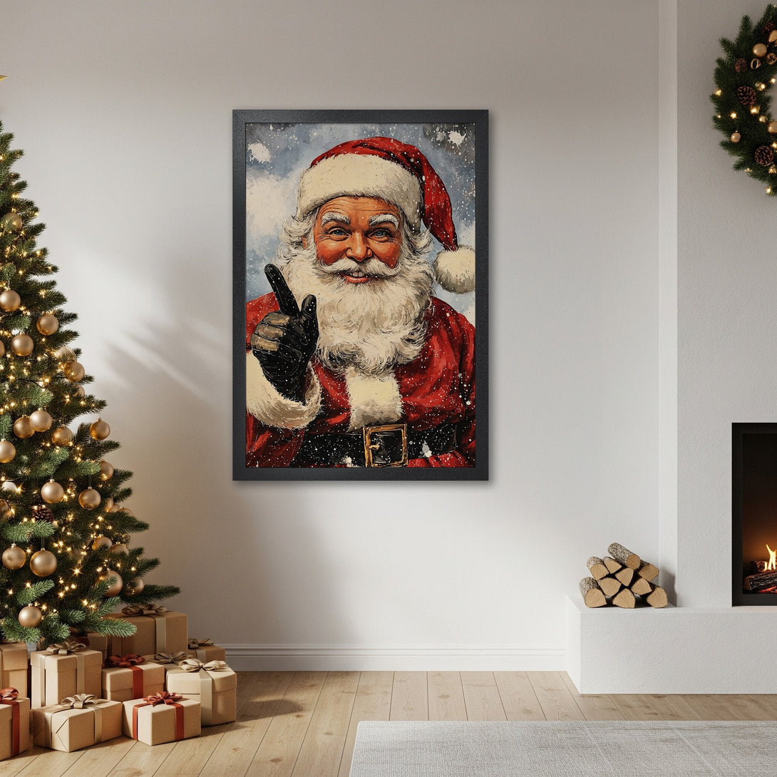 Framed Poster featuring Santa Claus in a vintage style, with a red and white color palette, perfect for Christmas decor.