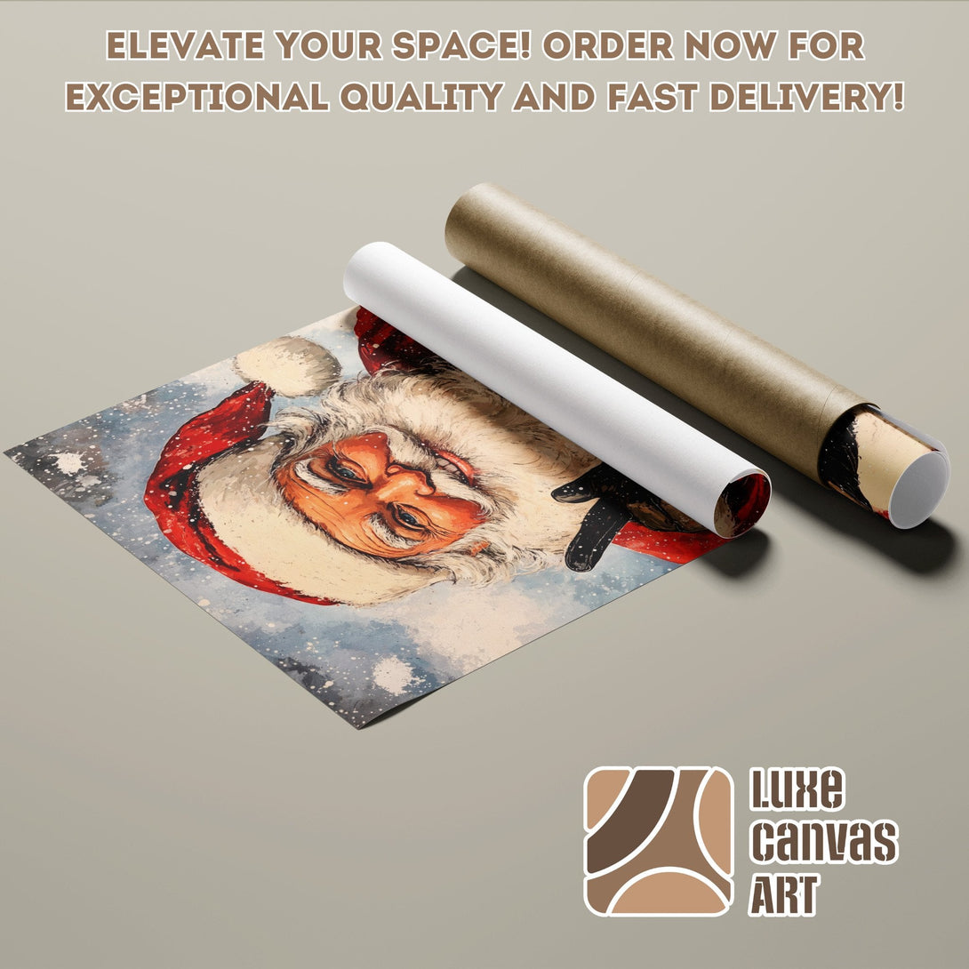 Santa Claus Poster Roll, watercolor style art, red and blue color palette. Order yours today!