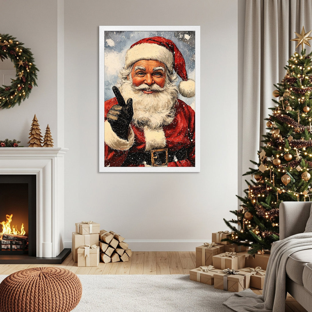 Framed Poster featuring Santa Claus in a vintage style, red and white color palette, perfect for Christmas decor.