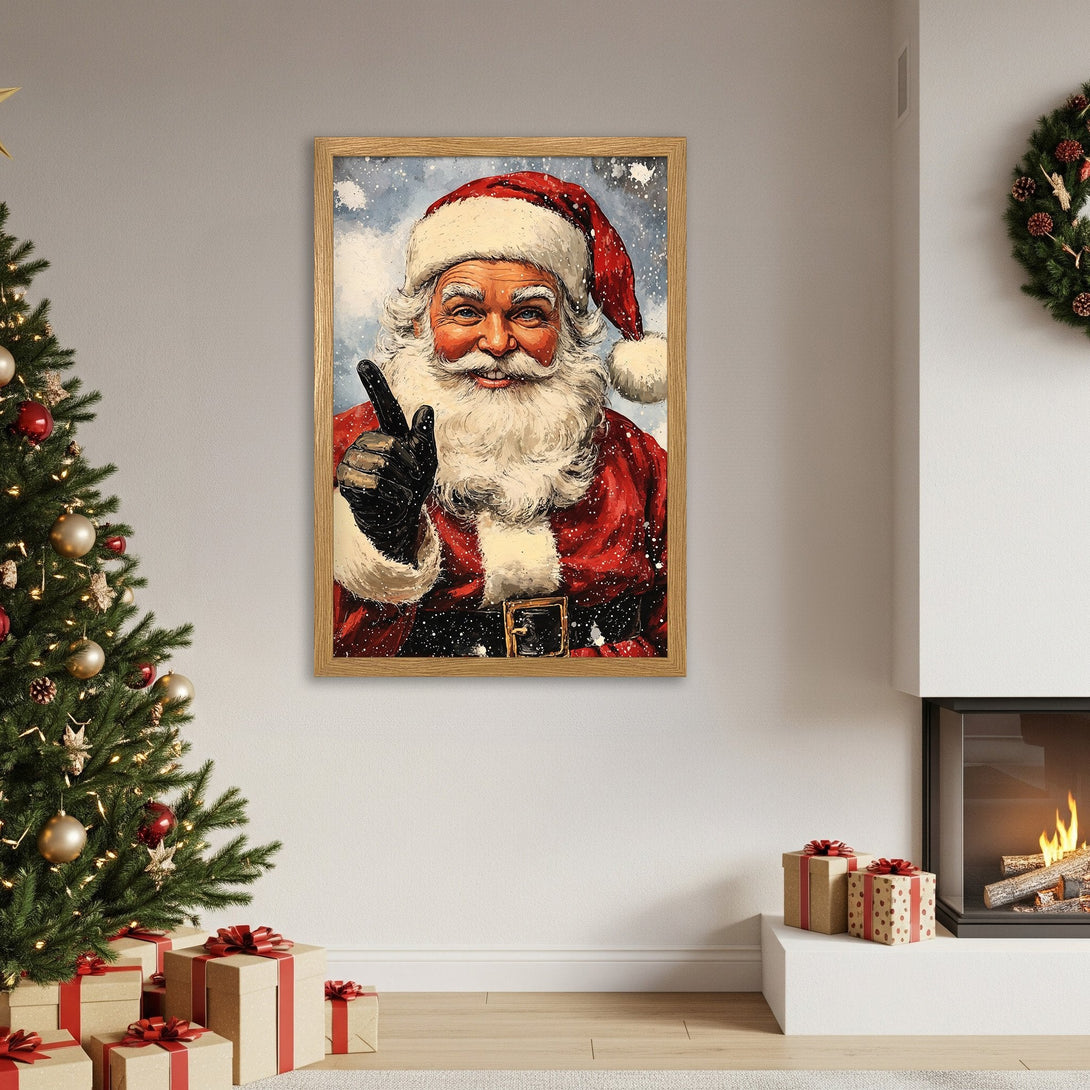 Framed Poster of Santa Claus pointing, vintage style, red and white color palette, perfect for Christmas decor.