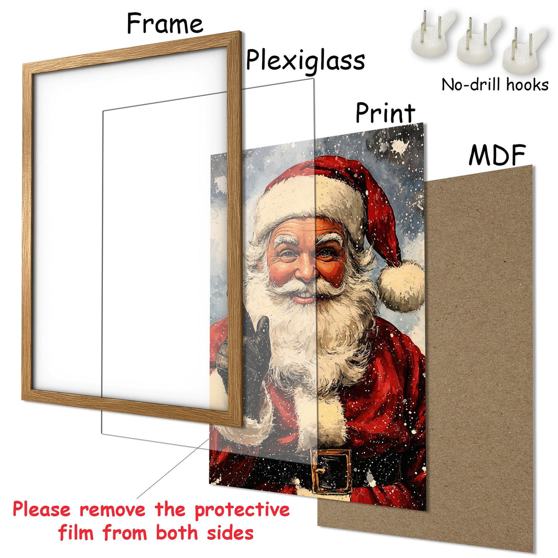 Framed Poster featuring Santa Claus art in a festive red and white color palette. Perfect Christmas decor!