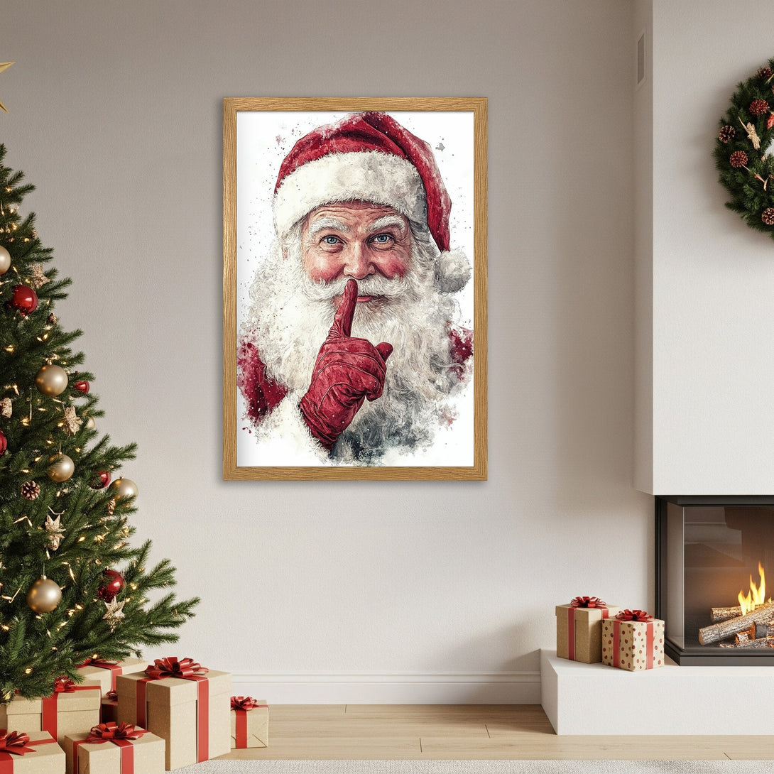 Framed Poster of Santa Claus in watercolor style, red and white palette, perfect for Christmas decor.