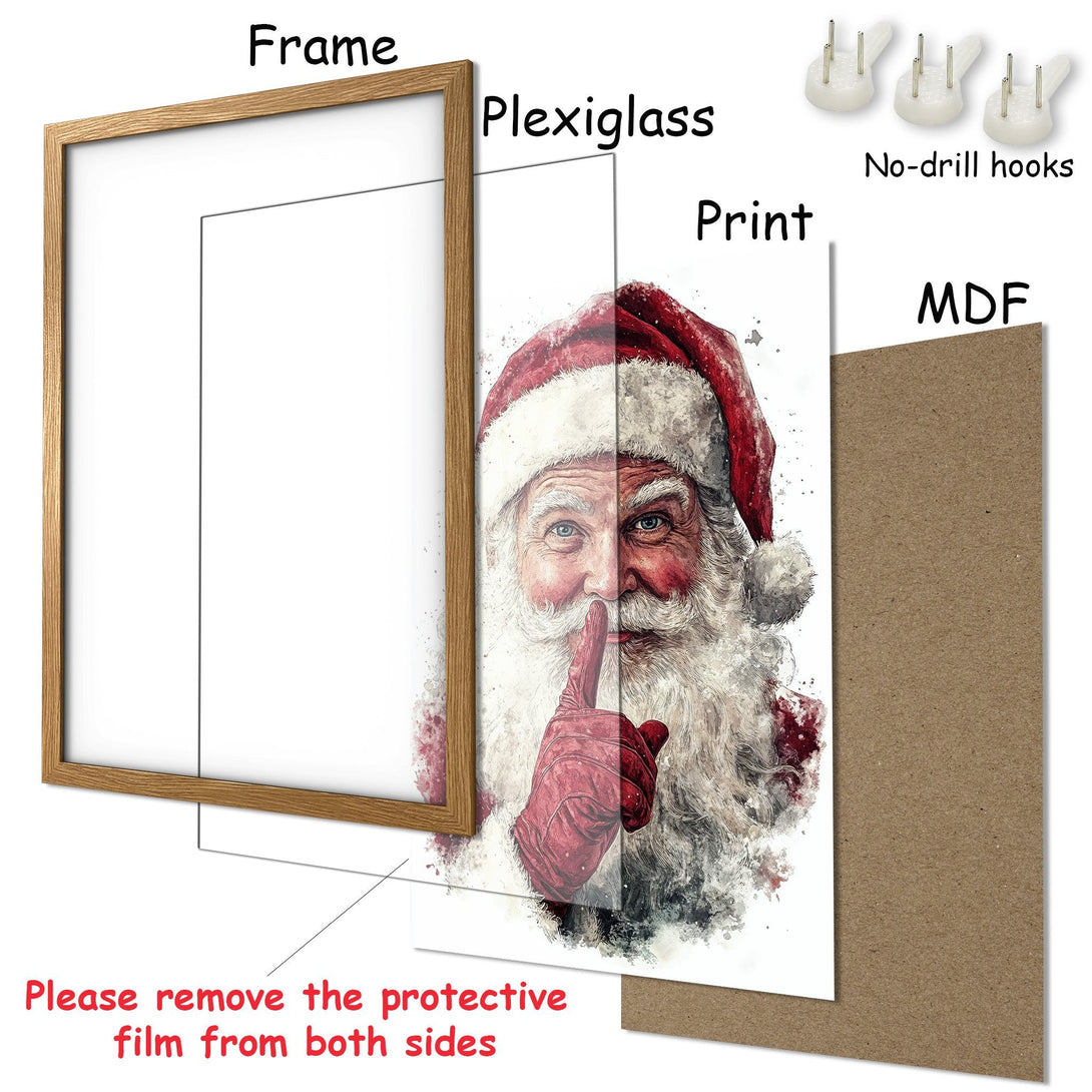 Framed Poster featuring Santa Claus in watercolor style, with a red, white, and brown color palette. Perfect Christmas decor!