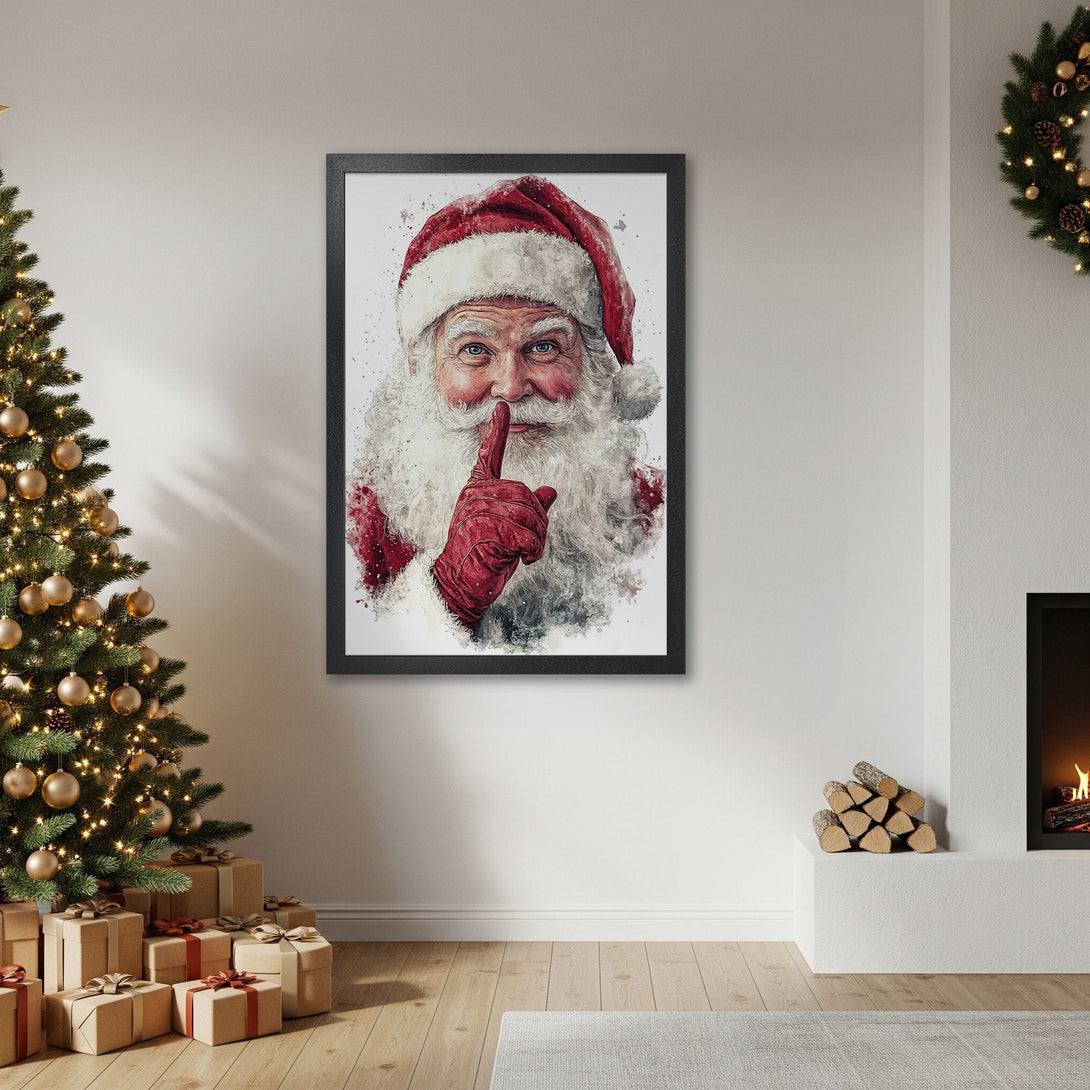 Framed Poster of Santa Claus in watercolor style, red and white palette, perfect Christmas decor.