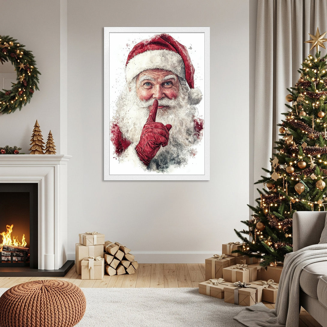 Framed Poster of Santa Claus in watercolor style, red and white color palette, perfect for Christmas decor.