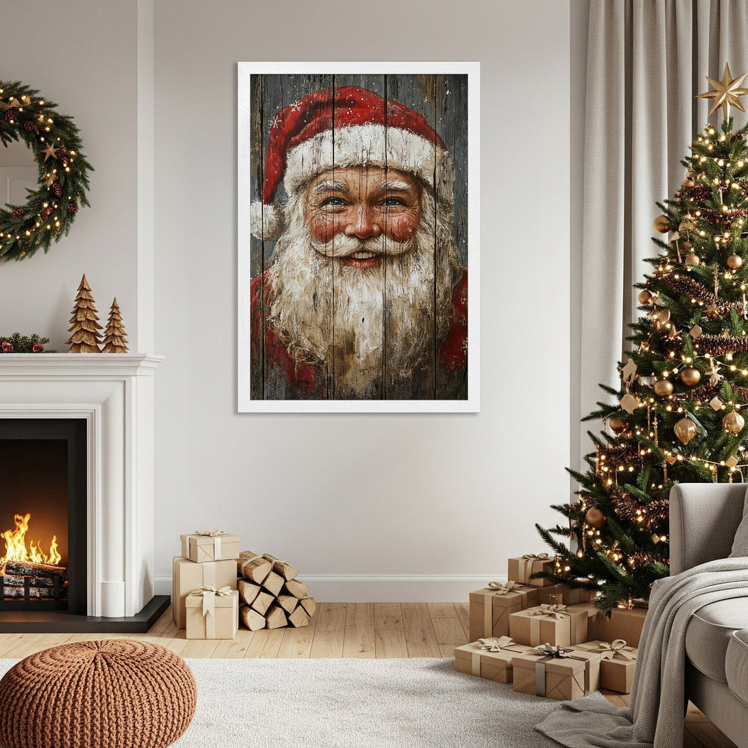 Framed Poster featuring Santa Claus in a rustic style, with red and neutral tones. Perfect Christmas decor!