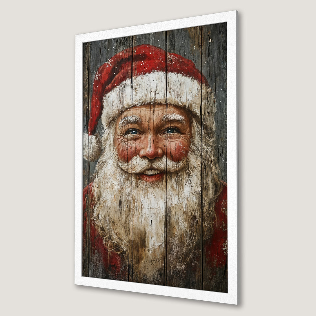 Framed Poster featuring Santa Claus smiling, rustic style, red and neutral color palette, perfect Christmas decor.