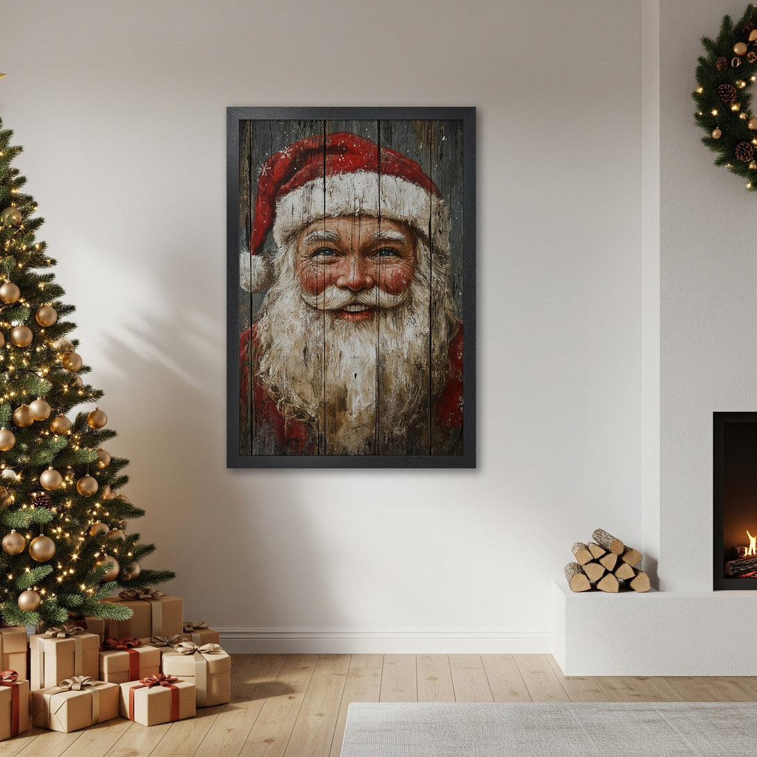 Framed Poster of Santa Claus in rustic style, red and white color palette, perfect Christmas decor.