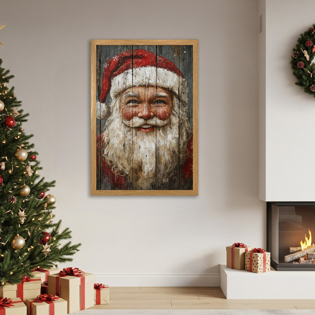 Framed Poster of Santa Claus in rustic style, red and neutral tones. Perfect Christmas wall art!