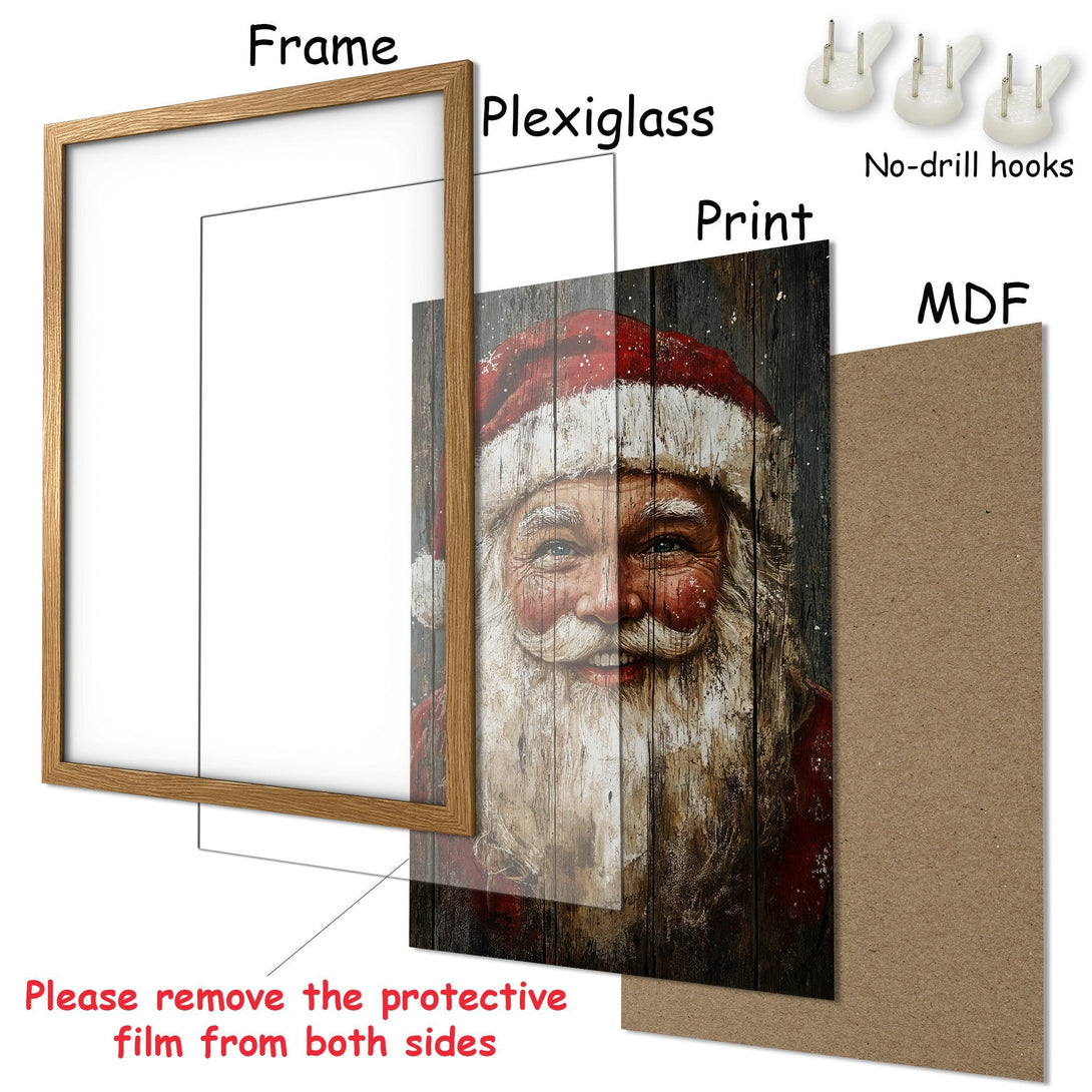 Framed Poster featuring a vintage Santa Claus portrait. Rustic style with red, brown, and white color palette. Perfect Christmas decor!