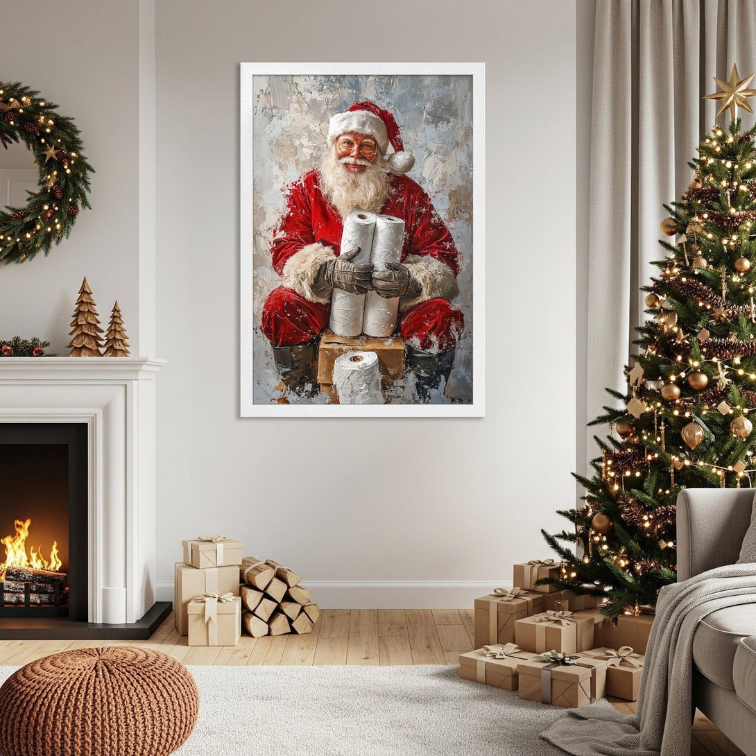 Framed Poster featuring Santa Claus holding toilet paper, oil painting style, red & white color palette, perfect Christmas decor.