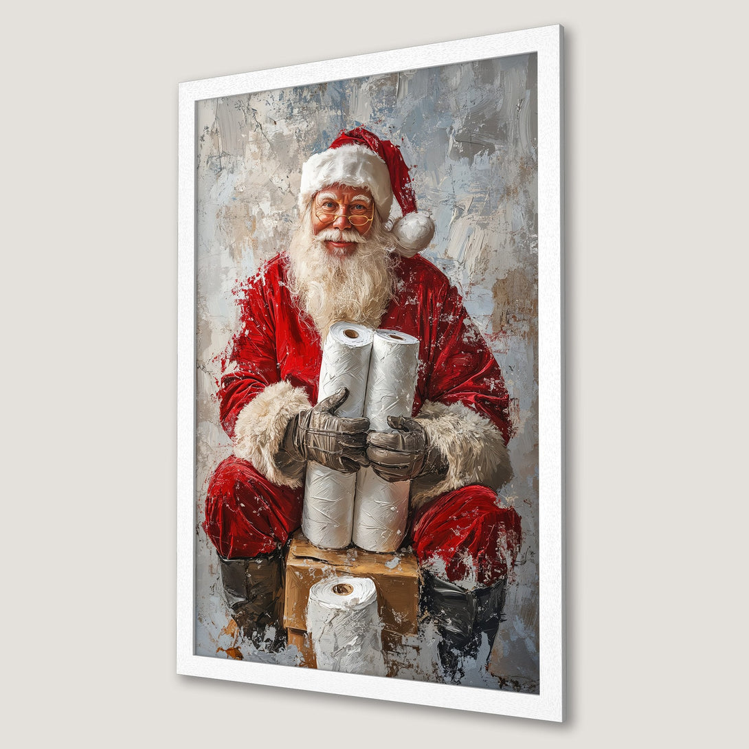 Framed Poster of Santa Claus with toilet paper. Oil painting style, red, white, and gray color palette. Perfect Christmas decor!