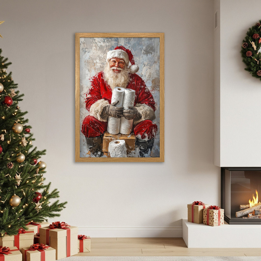 Framed Poster of Santa Claus holding toilet paper, painted in a vibrant red and white color palette. Perfect Christmas decor!